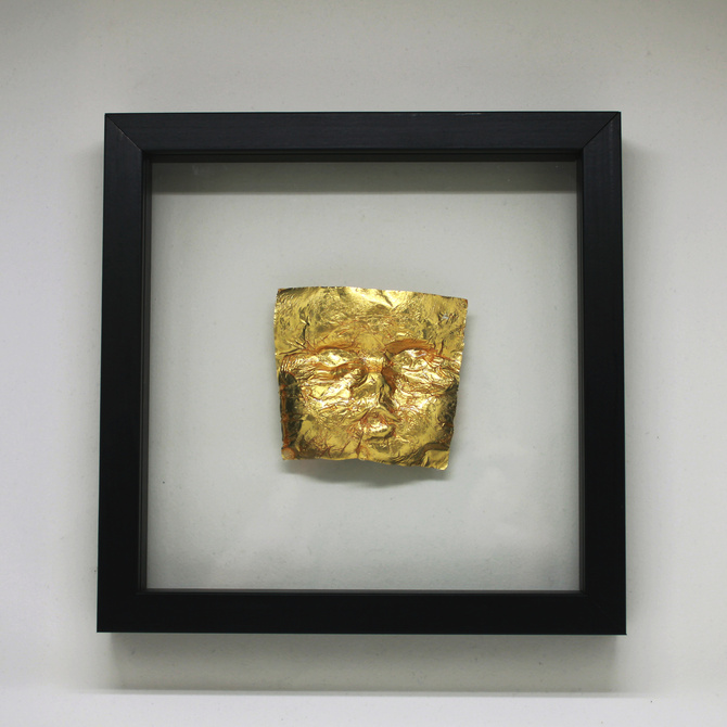 Imprinted Golden foil paper Framed from  Cover-Discover Installation by Dana Bloom