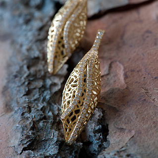 Golden Neem Marquise Earrings 18k Gold and Diamonds by Dana Bloom