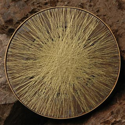 Distances Brooch, Brass wth 14K Gold plating, Gold wires and Rusted iron by Dana Bloom