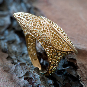 Golden Neem sculptured Ring, 3D printed lace casted in 18k Yellow Gold by Dana Bloom